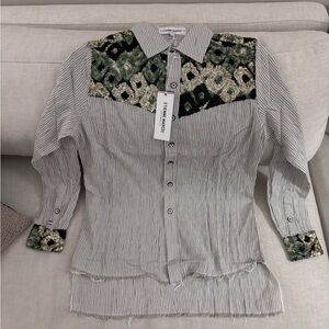 Embroidered Button Down Shirt - Green and Black Accents